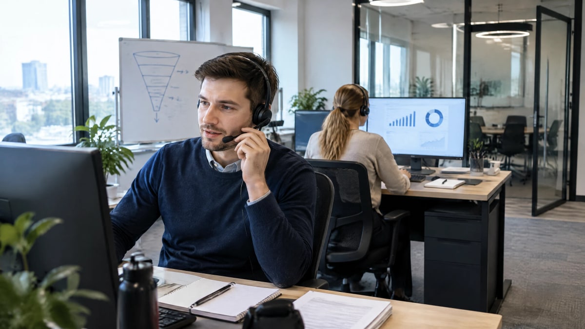 Менеджер отдела продаж обсуждает клиента по телефону